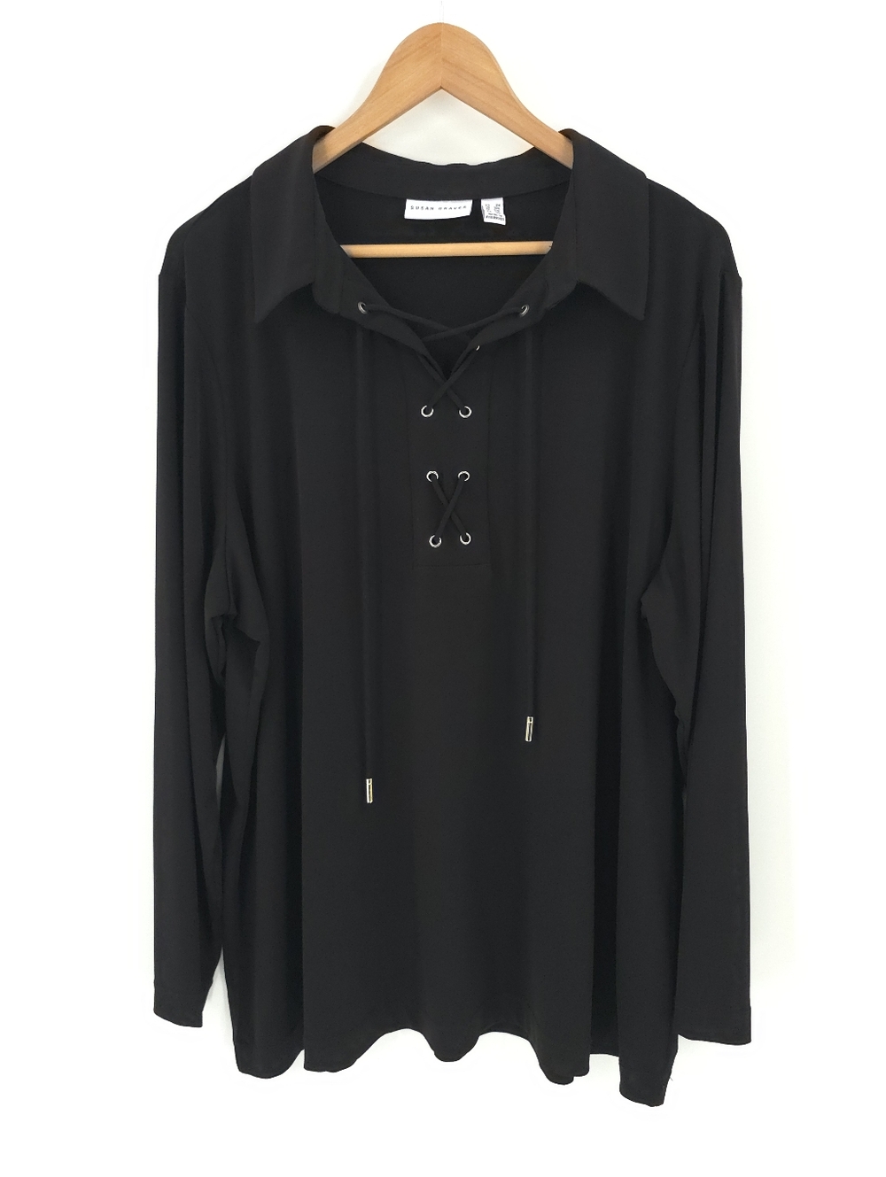 Susan Graver Liquid Knit Lace Up Tunic Top Black 2X Long Sleeve Stretchy Blouse